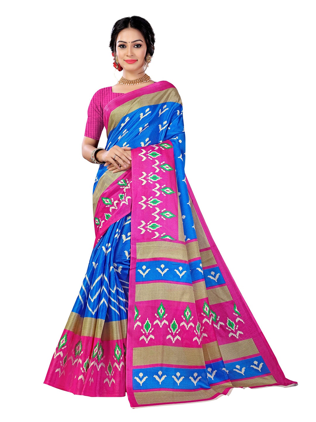 

KALINI Blue & Pink Geometric Fusion Mysore Silk Saree