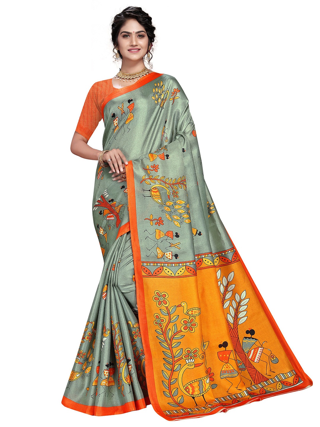 

KALINI Green & Orange Warli Fusion Mysore Silk Saree