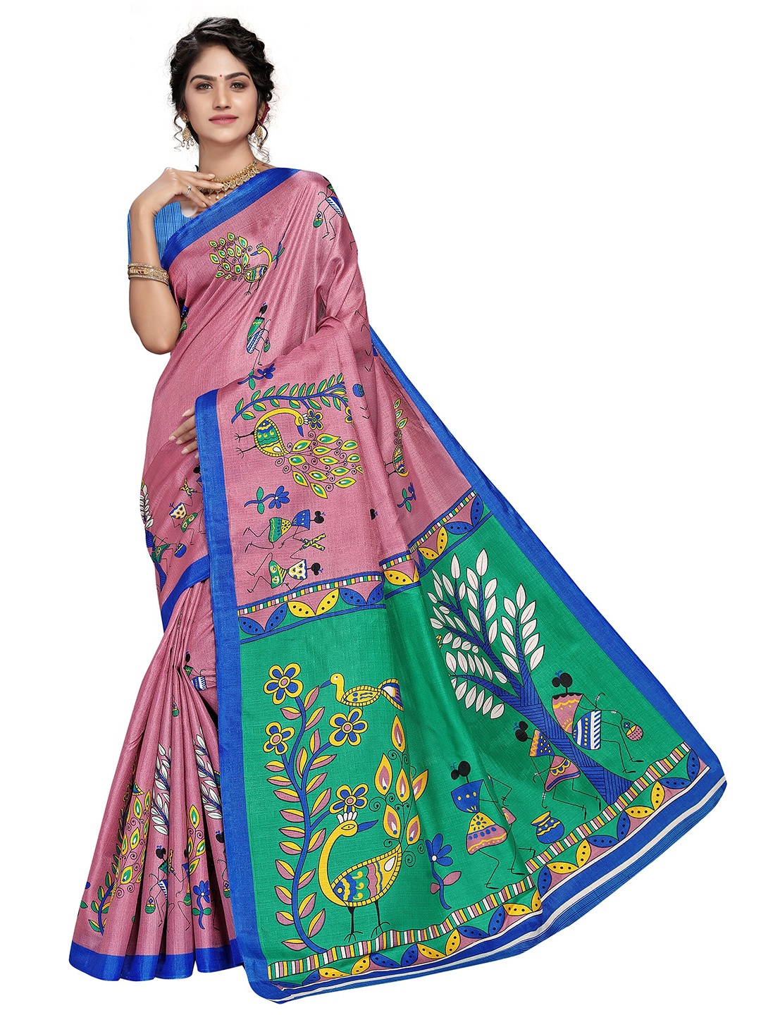 

KALINI Peach-Coloured & Green Ethnic Motifs Mysore Silk Saree