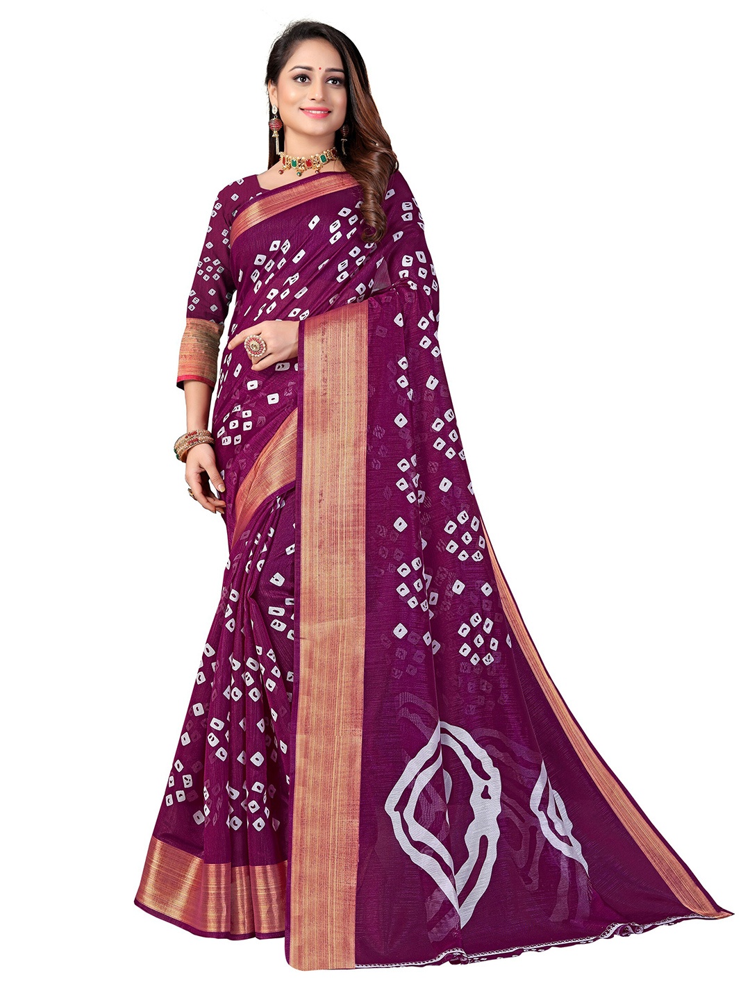 

KALINI Purple & White Bandhani Zari Mysore Silk Saree
