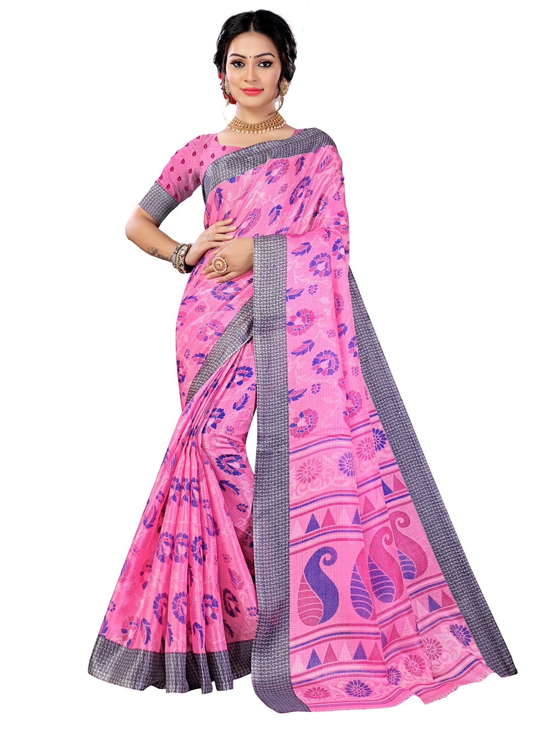 

KALINI Pink & Blue Paisley Printed Mysore Silk Saree