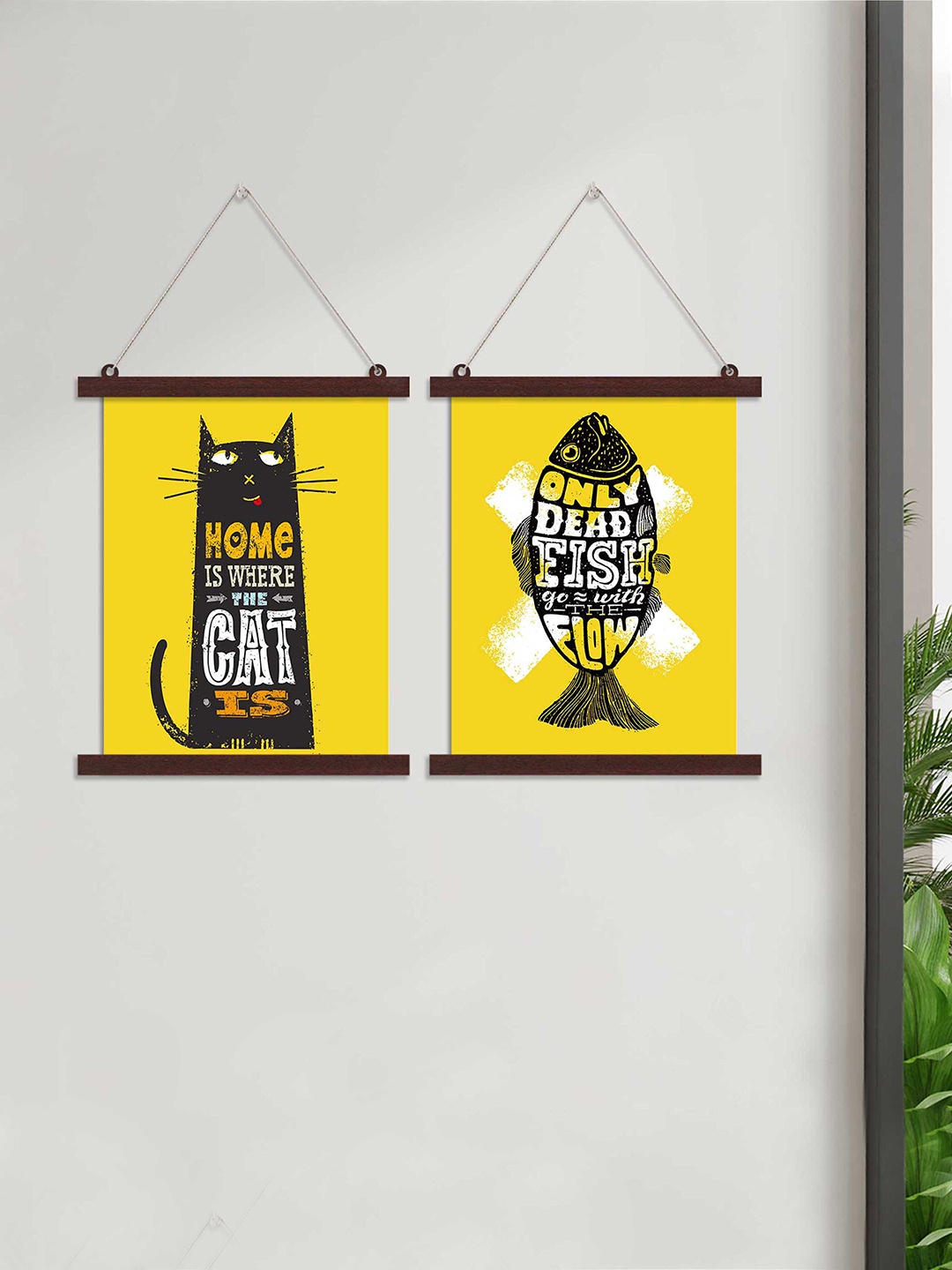 

Art Street Set of 2 Yellow & Black Cat & Fish Motivational Quotes Painting Hanging Wall Art