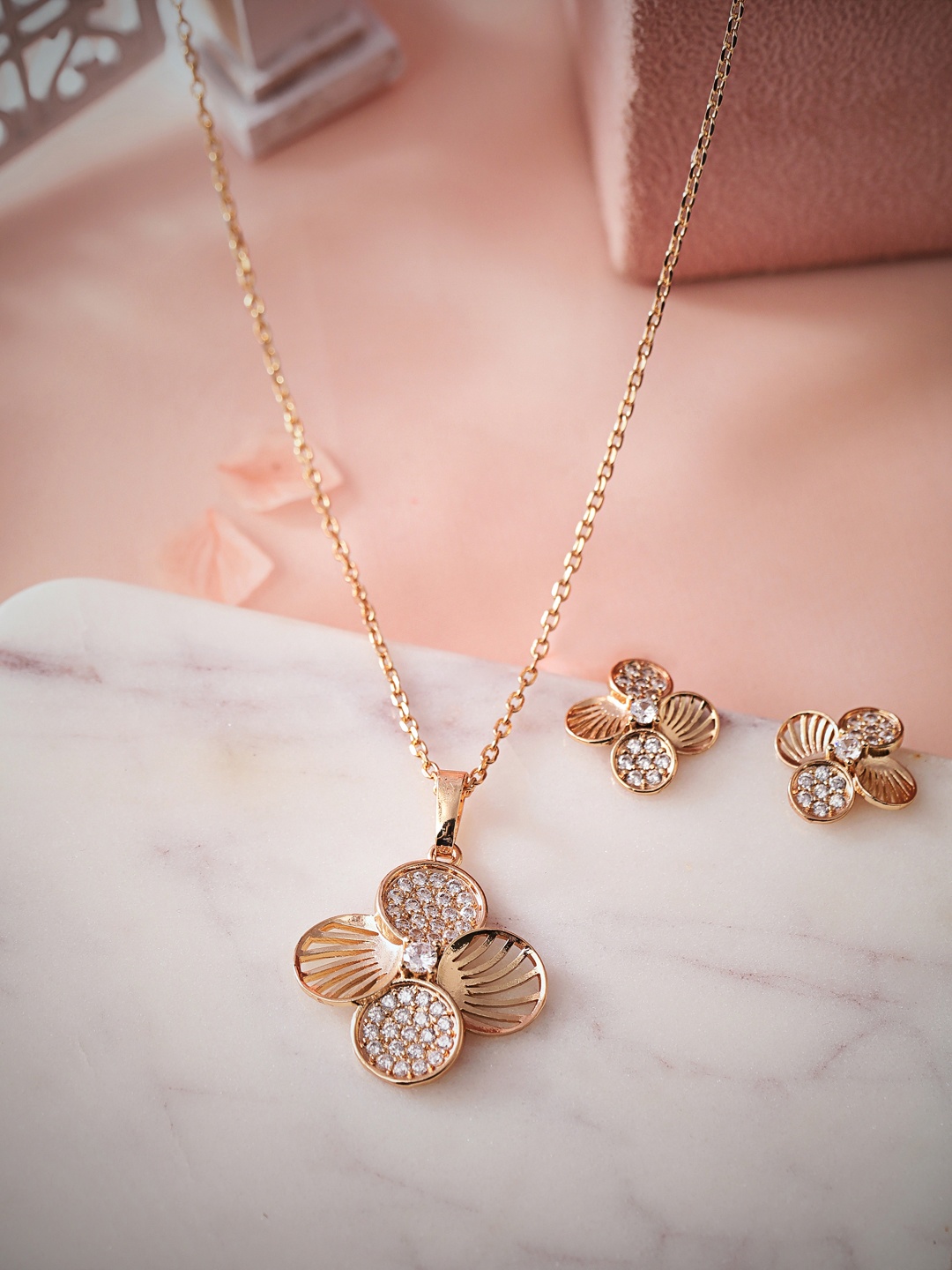 

Rubans Rose Gold-Plated White AD-Studded Jewellery Set