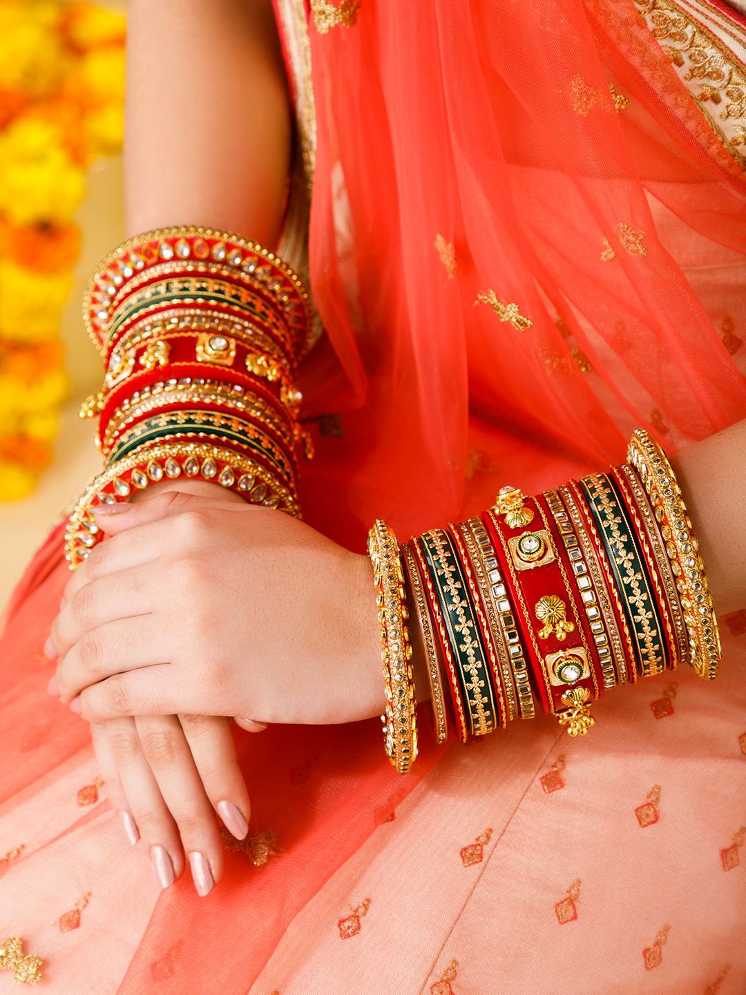 

Rubans Red Chura With Golden Enamel Design And Studded White Stones