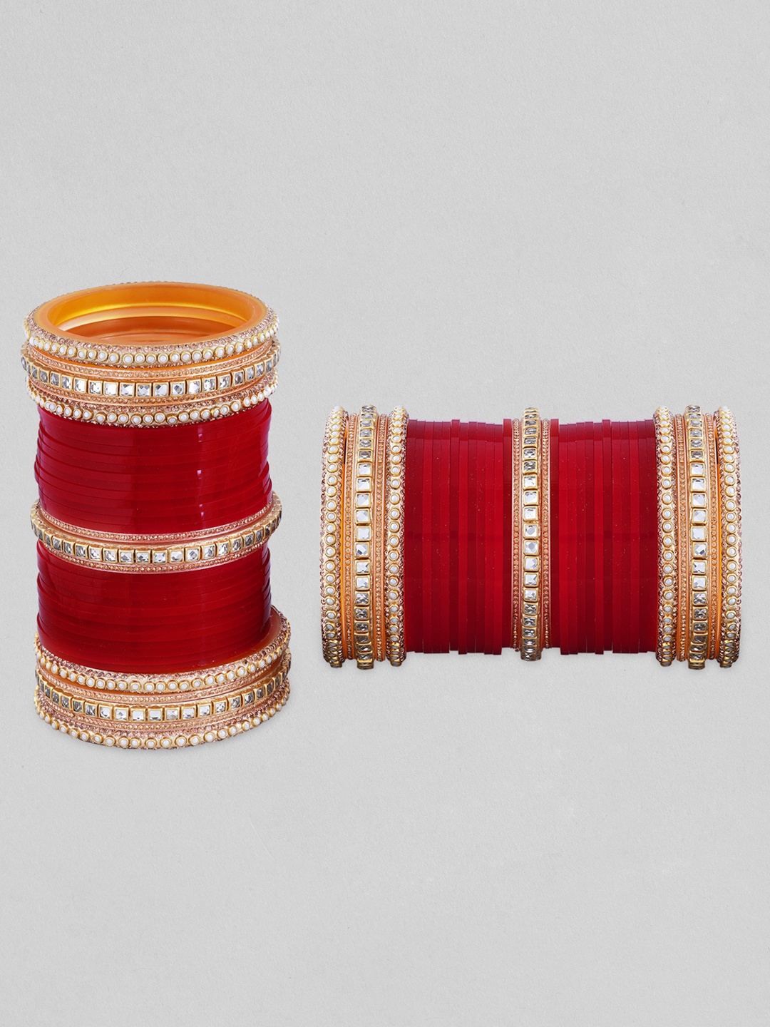 

Rubans 30 Pcs Maroon & Gold-Toned Studded Pearls & American Diamonds Chuda Bangles