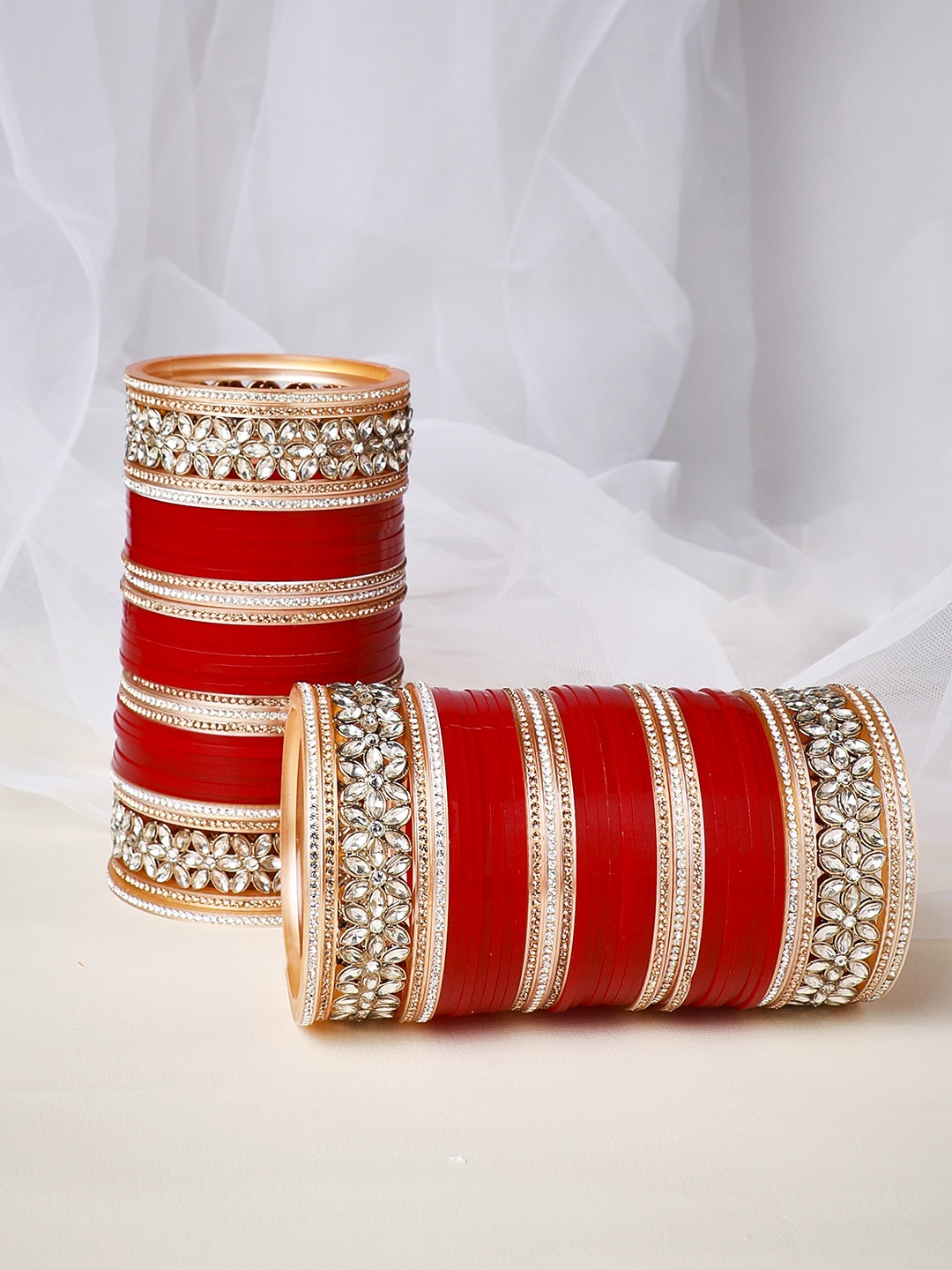 

Rubans Women Red Gold Plated 30 Piece AD Studded Bridal Chuda Bangle Set
