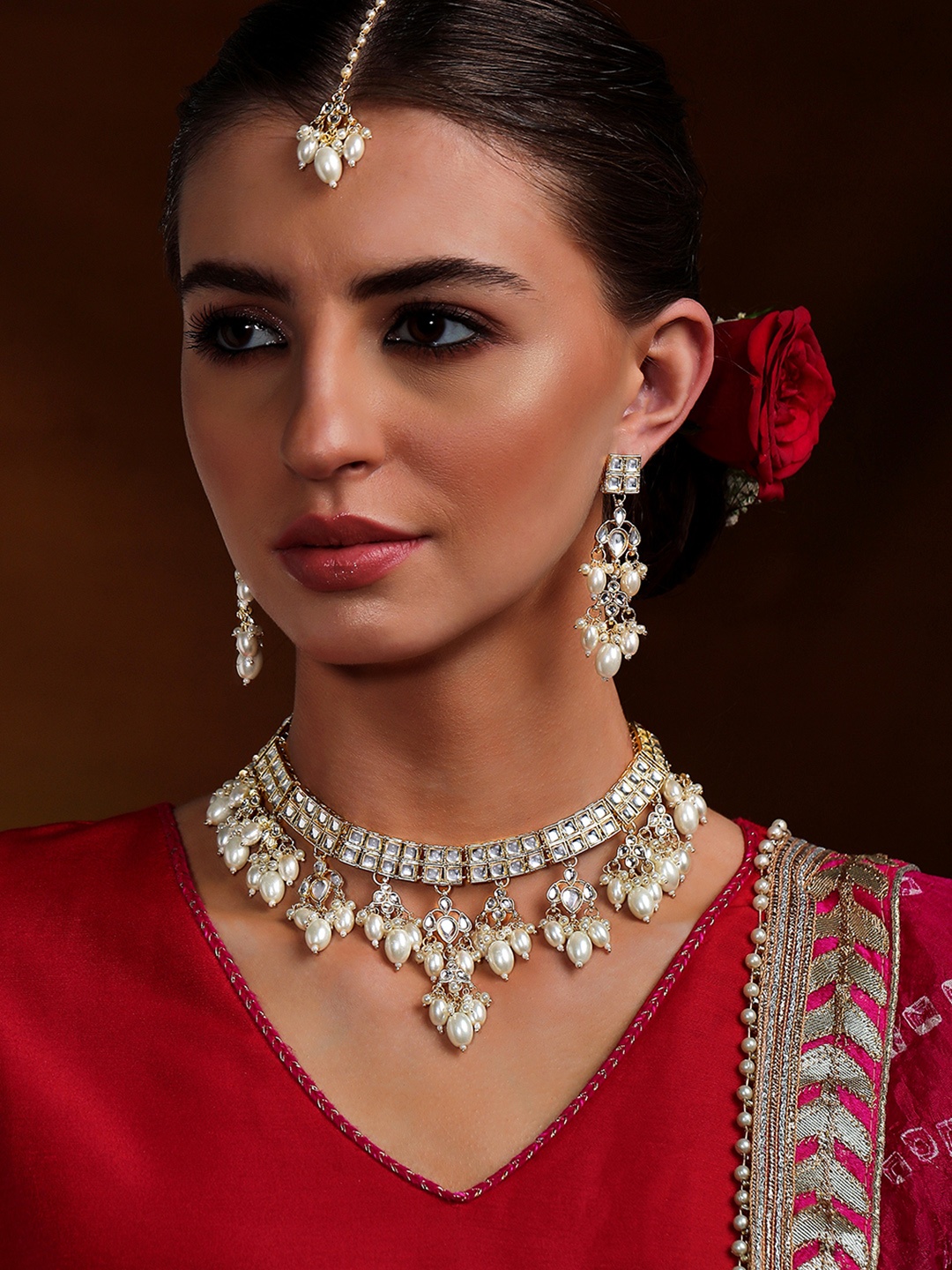 Rubans Gold-Plated White Kundan-Studded Pearl-Beaded Jewellery Set