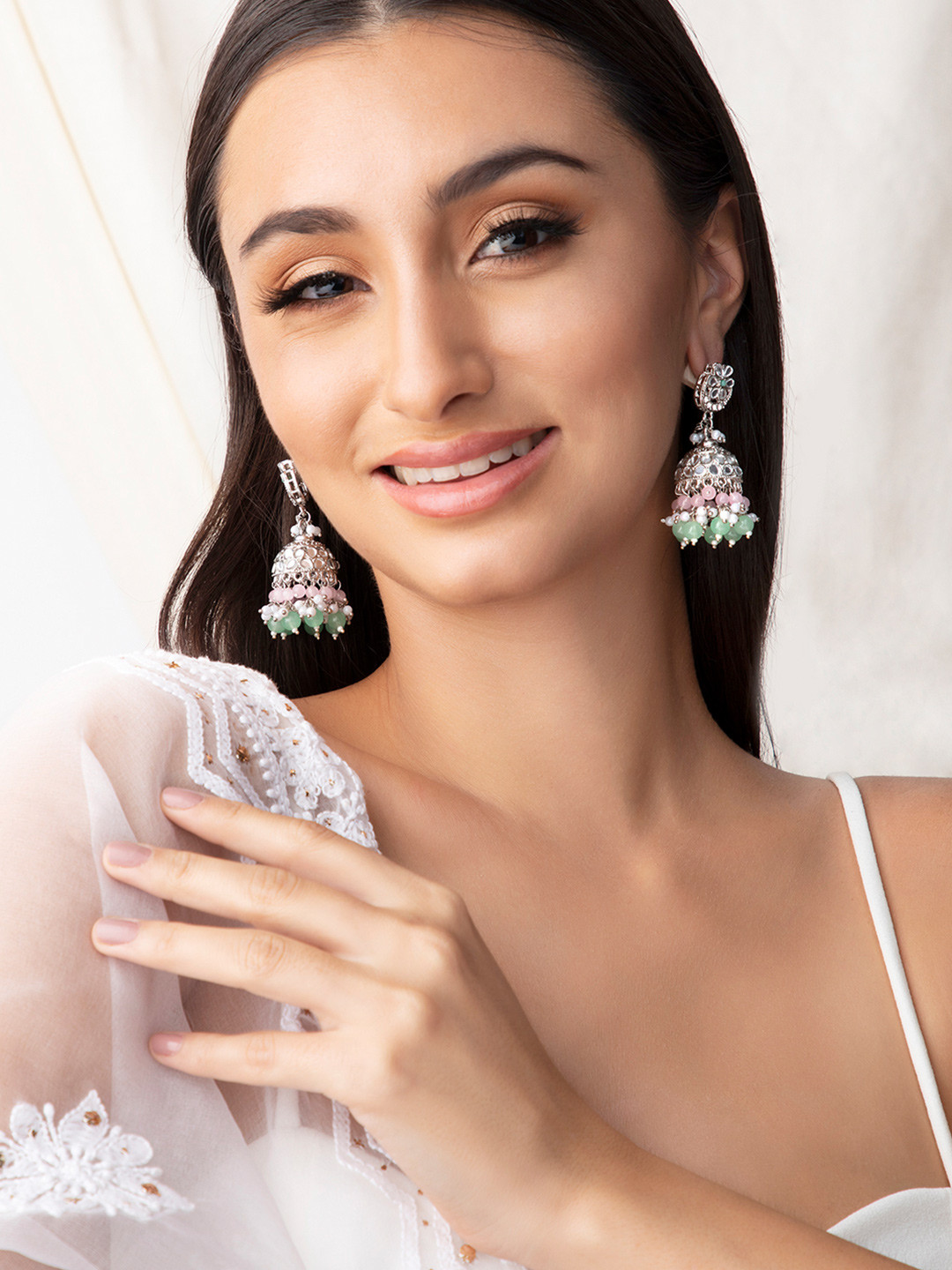 

Rubans Silver-Toned Dome Shaped Jhumkas Earrings