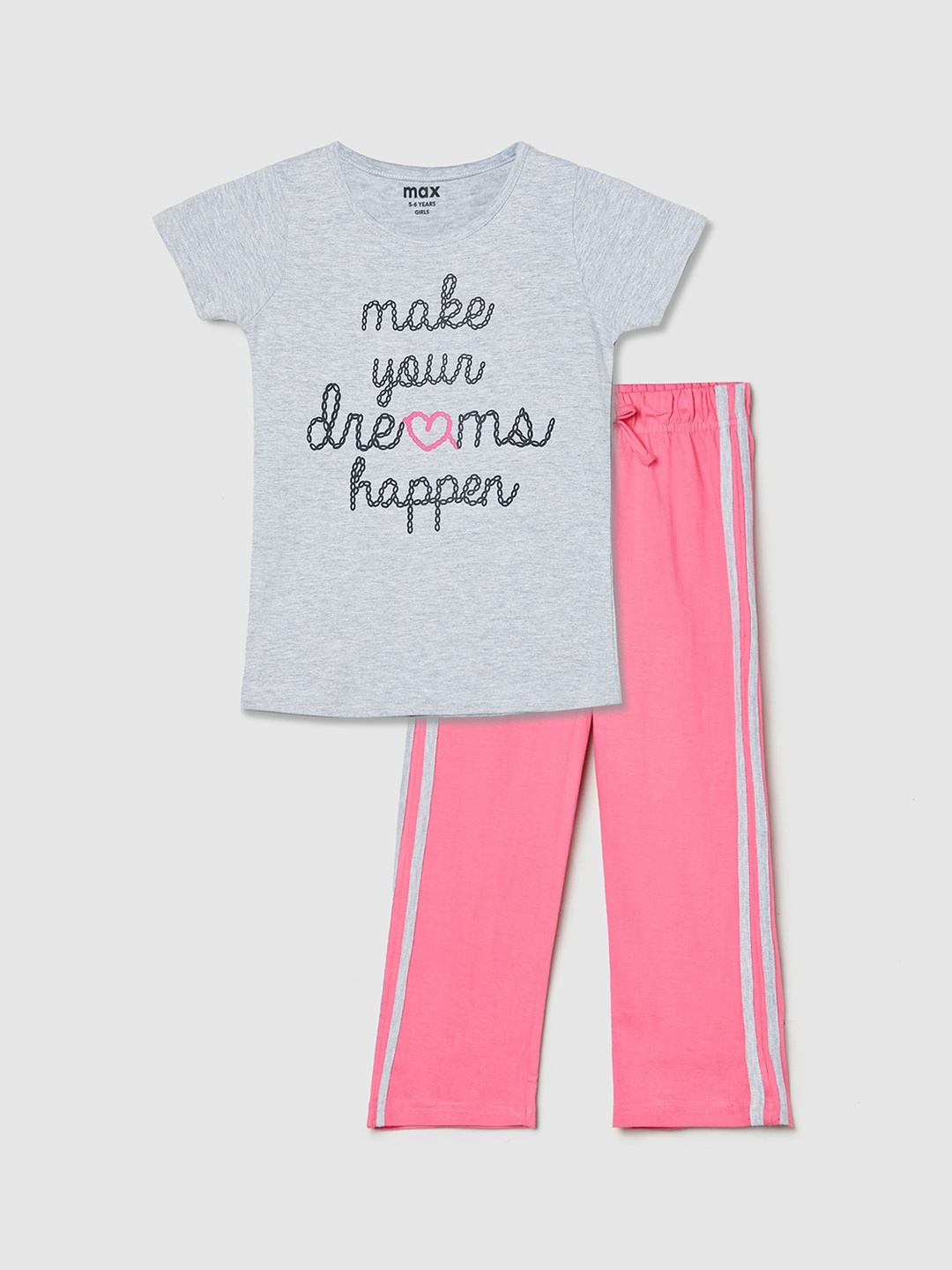 

max Girls Grey Melange & Black Printed Night suit