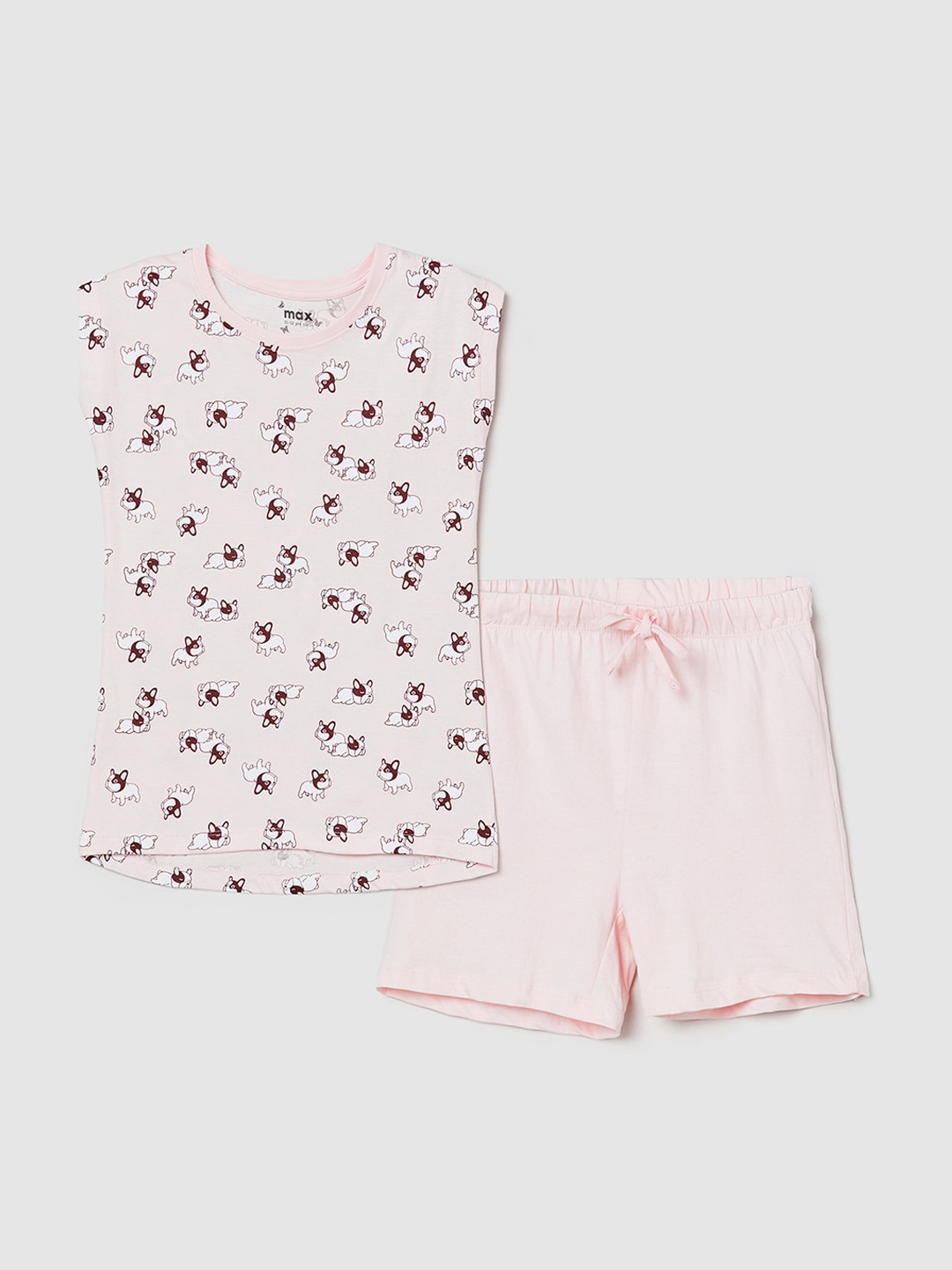 

max Girls Peach-Coloured & Brown Printed Cotton Night suit