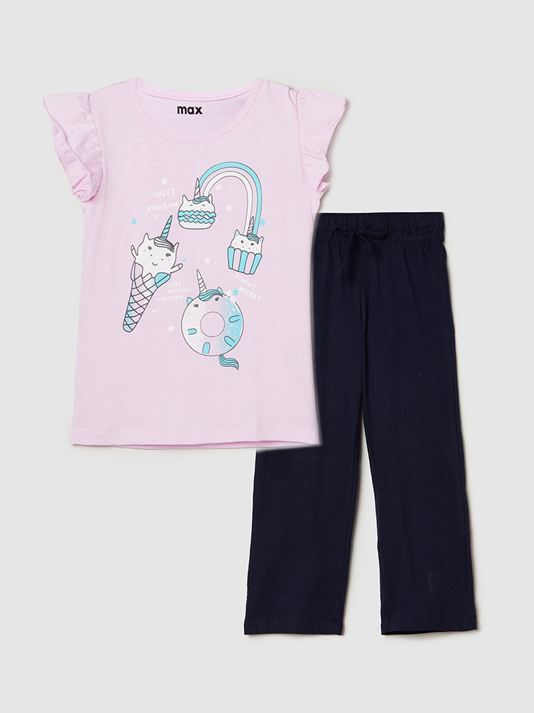 

max Girls Pink & Navy Blue Printed Night suit