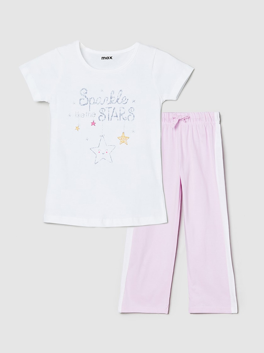 

max Girls White & Pink Printed Night suit