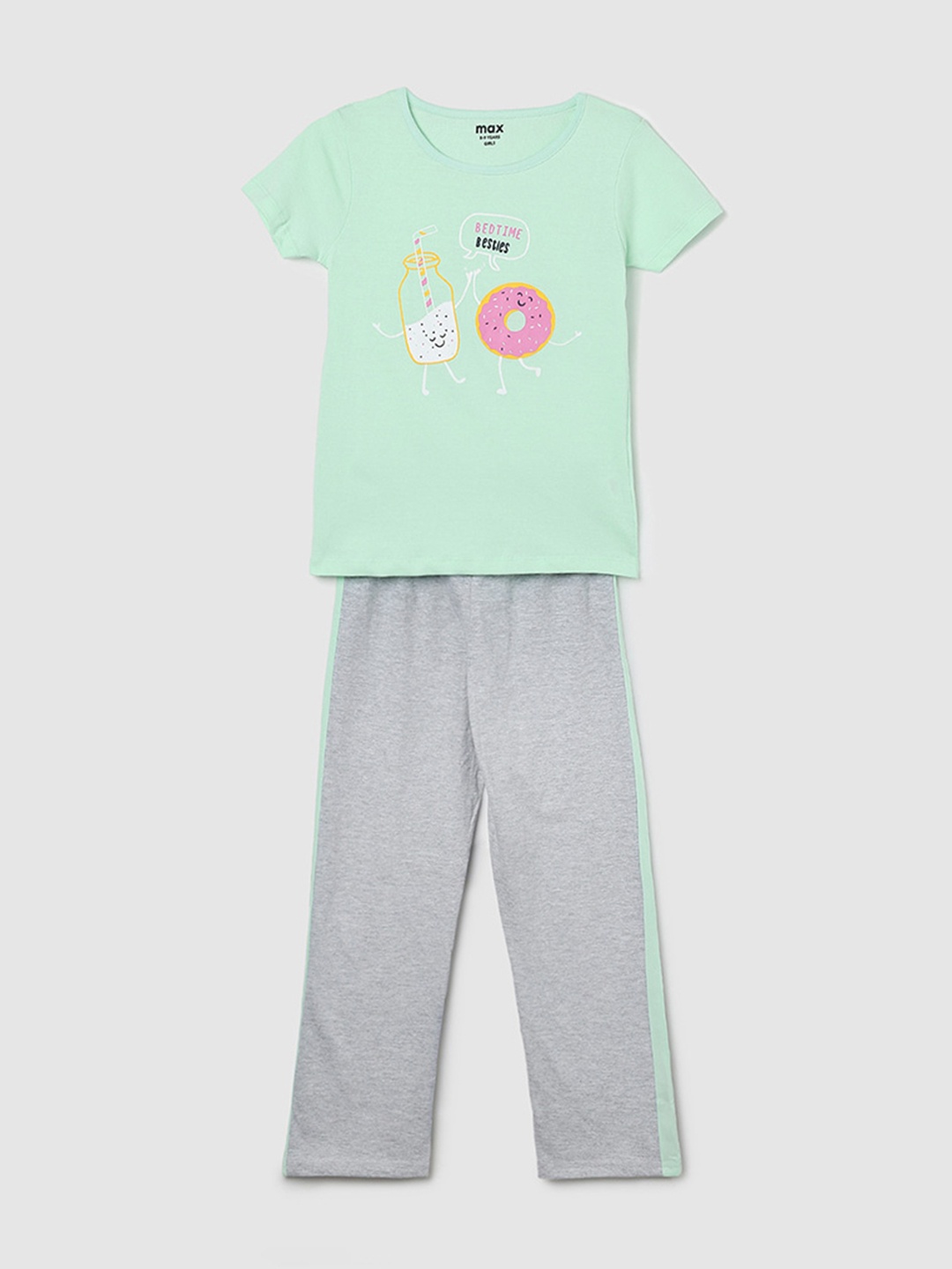 

max Girls Sea Green & Grey Printed Cotton Night suit