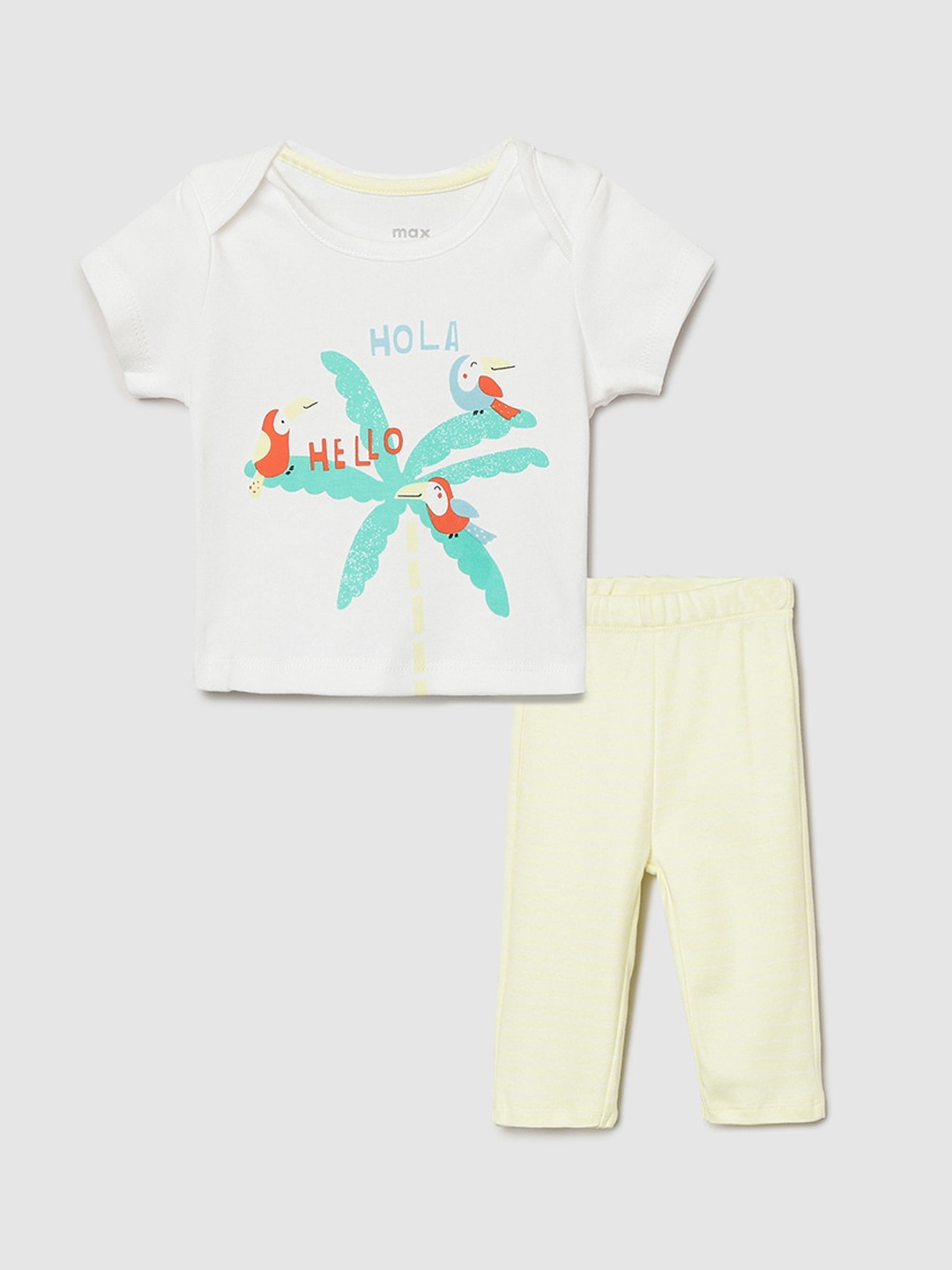 

max Boys White & Yellow Printed Cotton Night suit