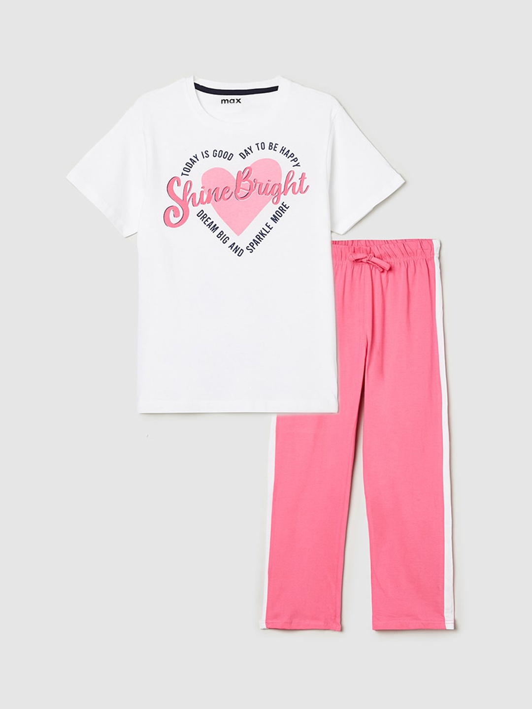 

max Girls White & Pink Printed Night suit