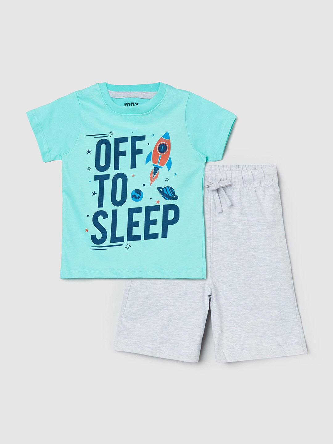 

max Boys Turquoise Blue & Grey Printed Cotton Night suit