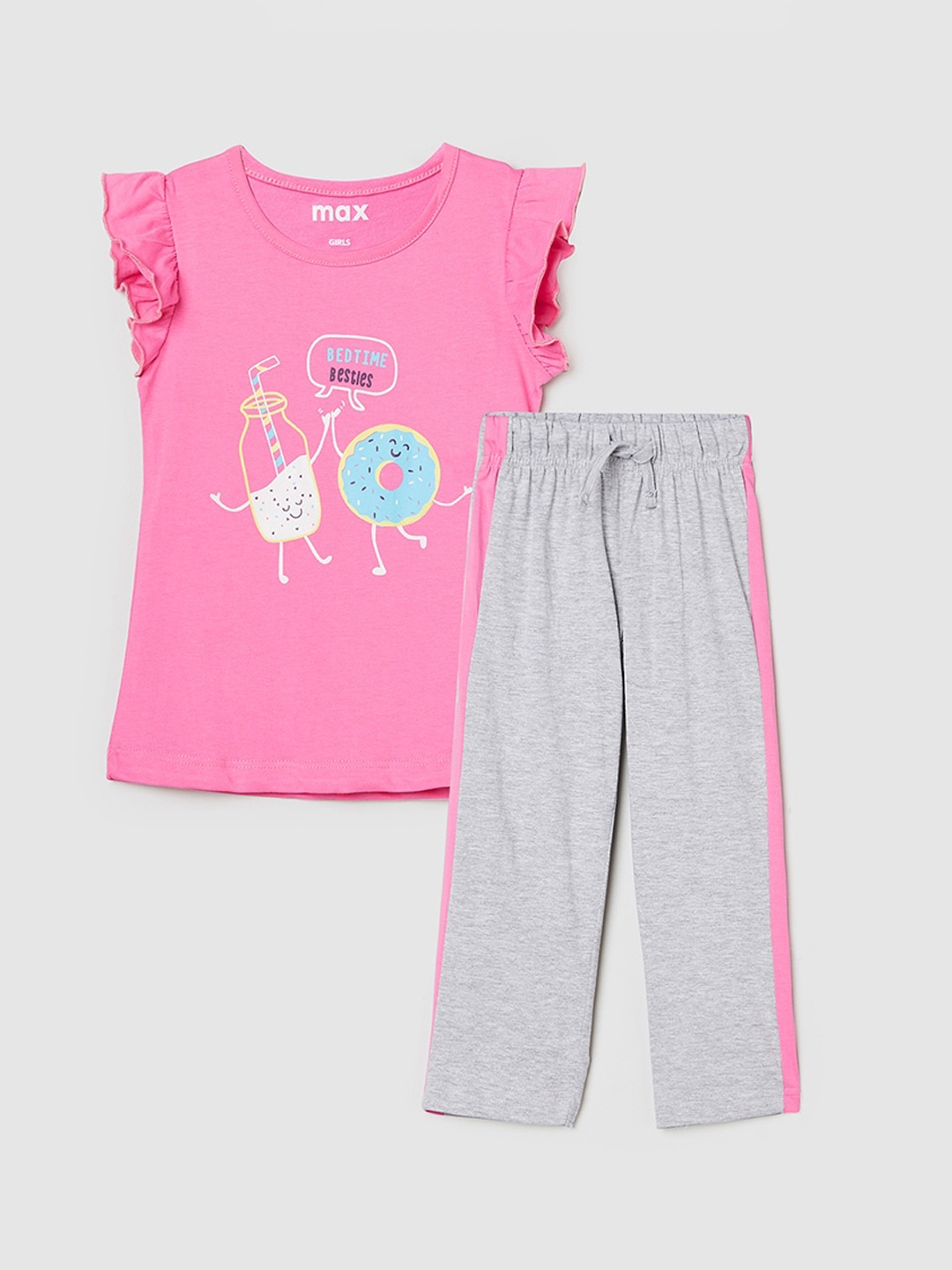 

max Girls Grey & Pink Printed Night suit