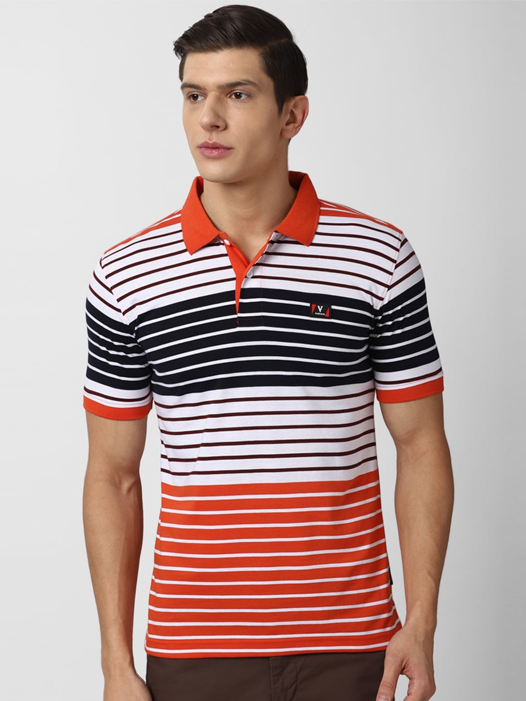 

Van Heusen Sport Men Multicoloured Striped Polo Collar Applique T-shirt, Multi