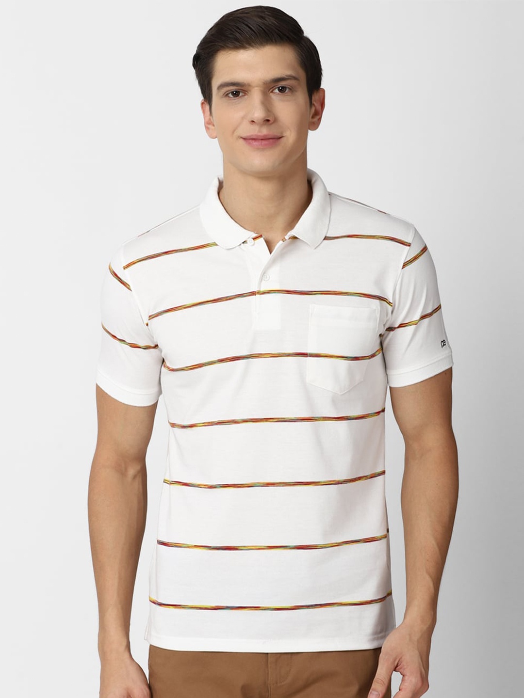 

Peter England Casuals Men White Striped Polo Collar T-shirt