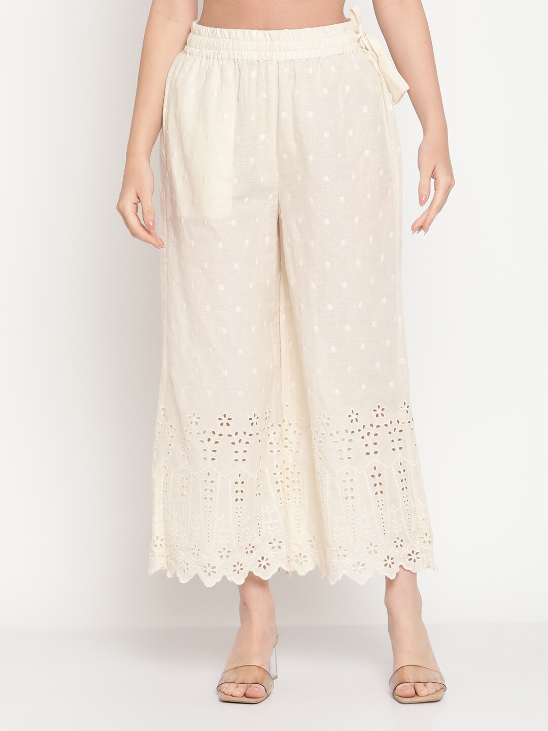 

TAG 7 Women Cream-Coloured Paisley Embroidered Flared Ethnic Palazzos