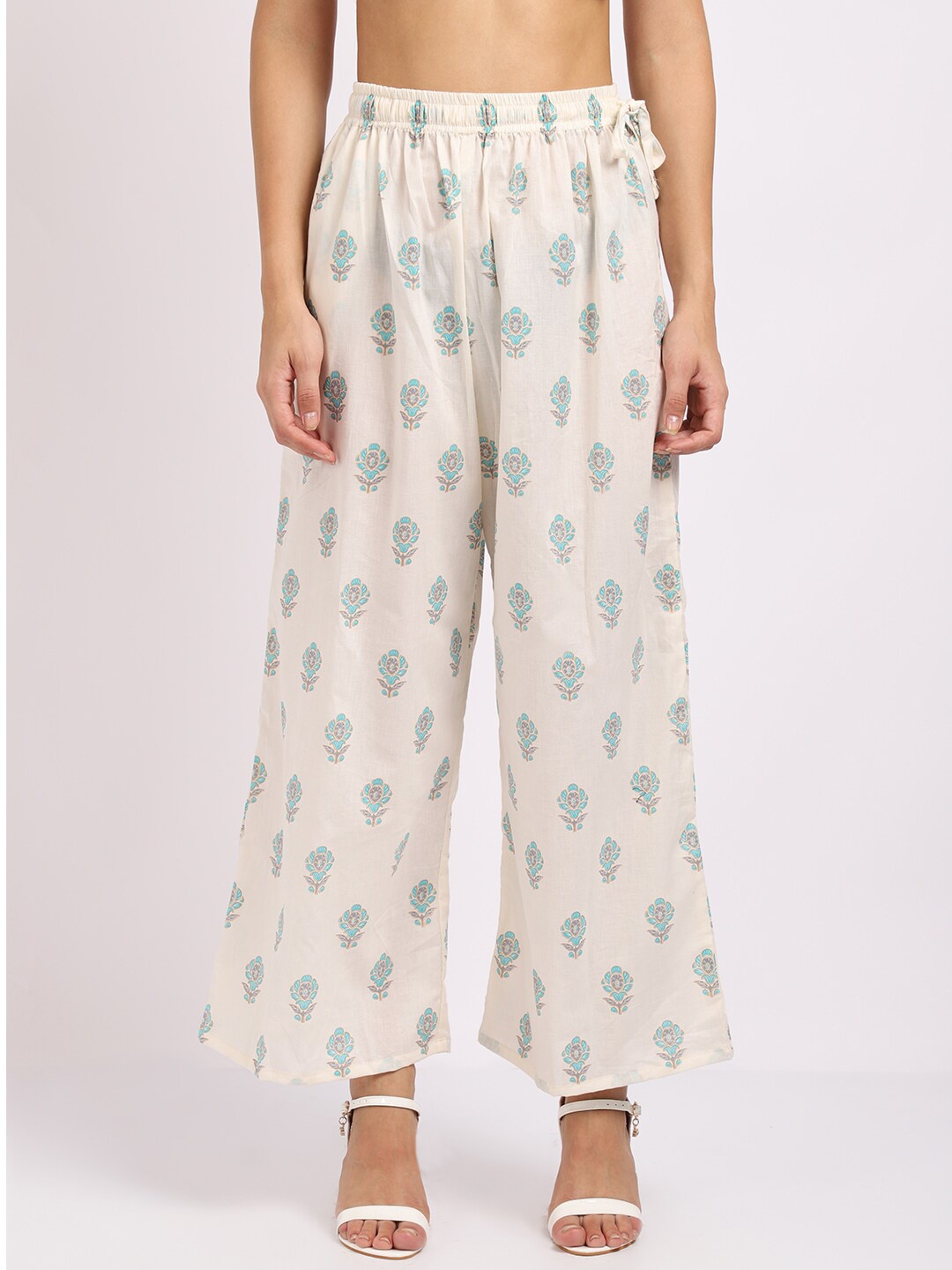 

TAG 7 Women White & Blue Floral Printed Cotton Ethnic Palazzos
