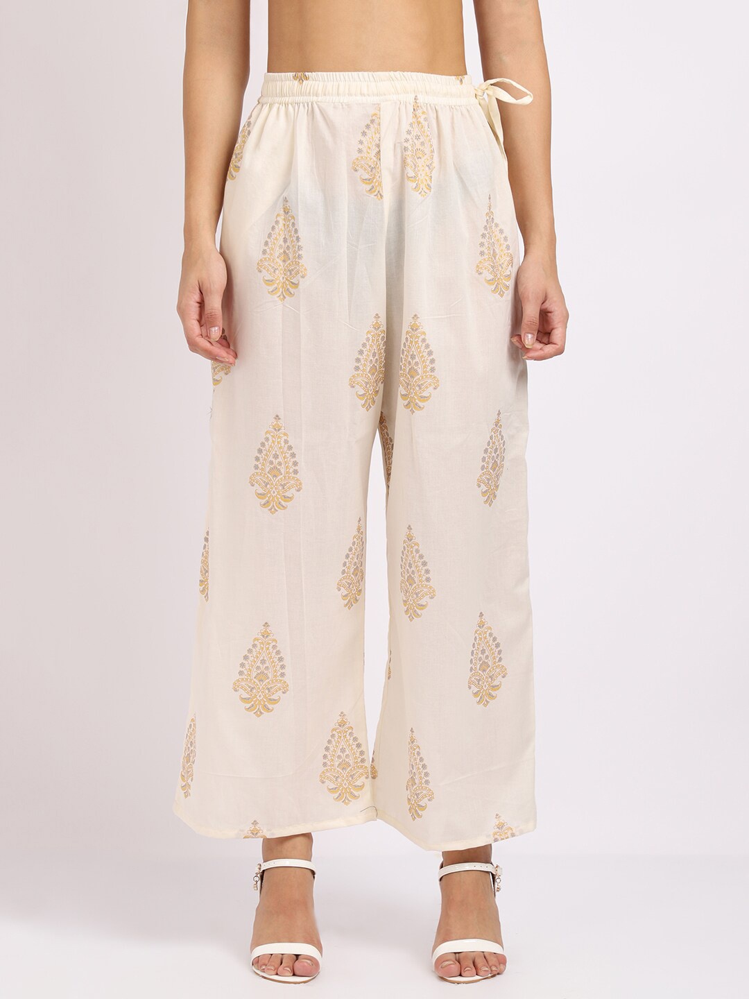 

TAG 7 Women White & Yellow Floral Printed Ethnic Palazzos