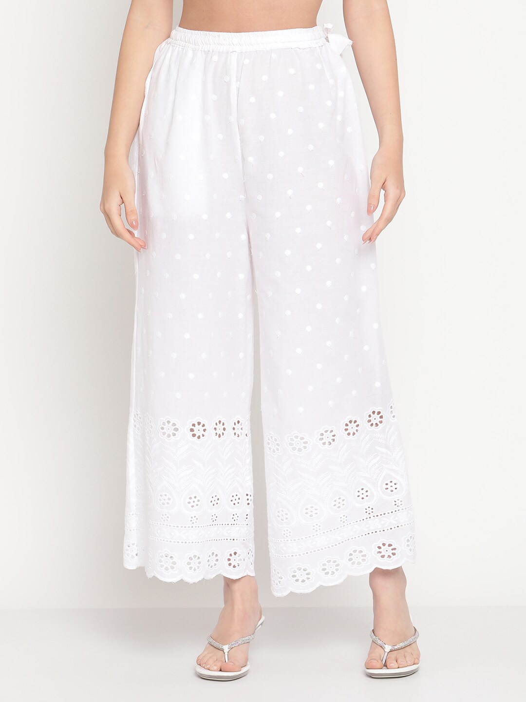 

TAG 7 Women White Floral Embroidered Ethnic Palazzos