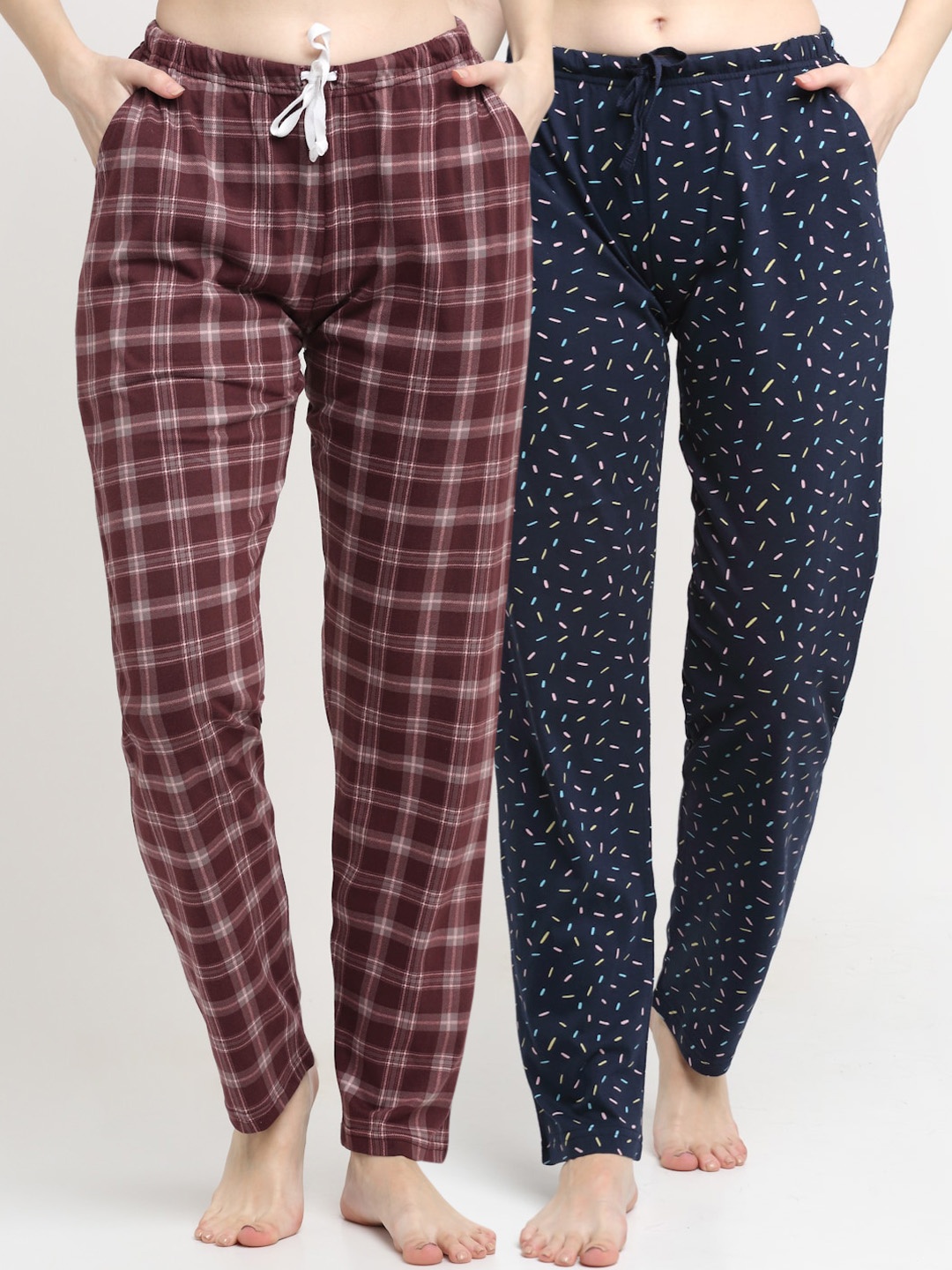 

Kanvin Women Pack of 2 Navy Blue & Brown Printed Cotton Lounge Pants