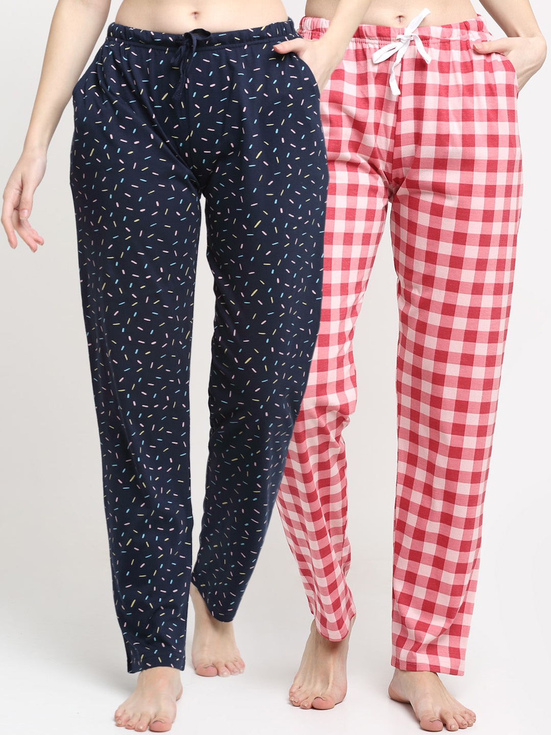 

Kanvin Women Pack Of 2 Navy blue & Pink Printed Pure Cotton Lounge Pants