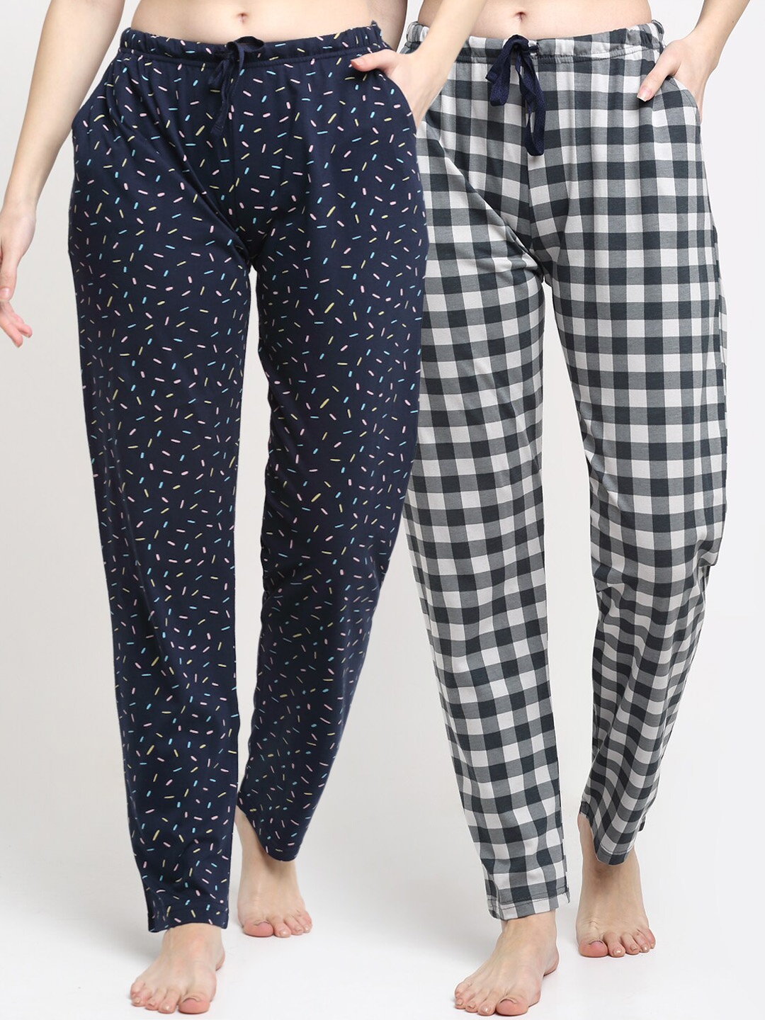 

Kanvin Women Pack Of 2 Printed Pure Cotton Lounge Pants, Navy blue