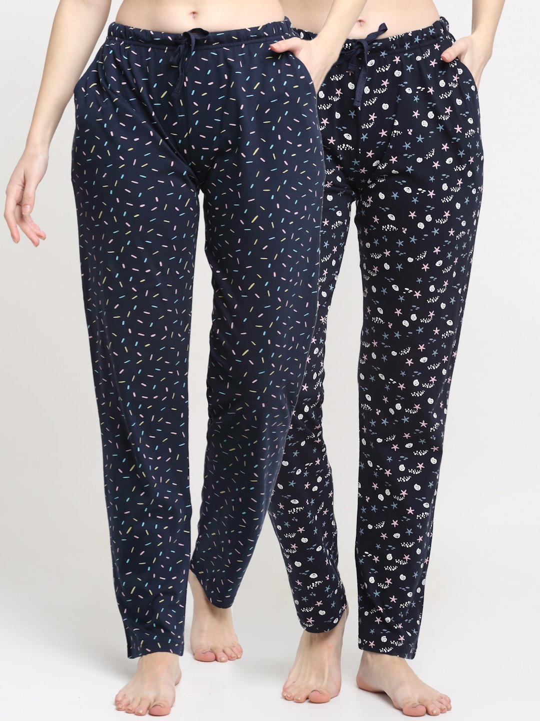 

Kanvin Women Pack Of 2 Printed Pure Cotton Lounge Pants, Navy blue