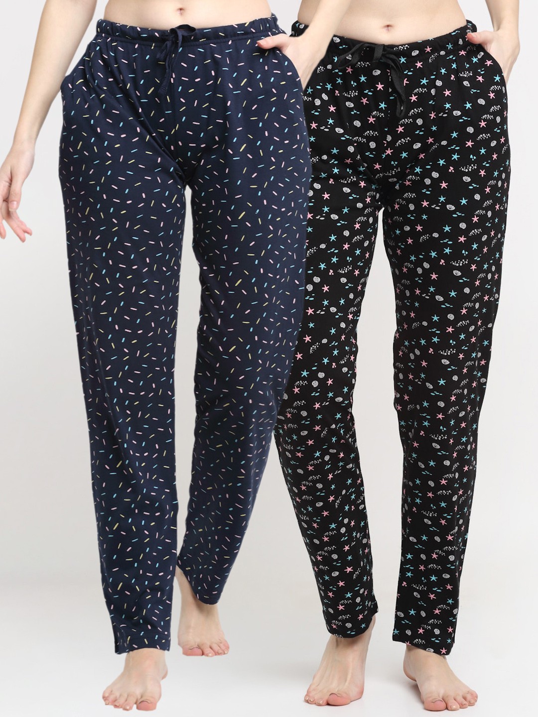 

Kanvin Women Pack Of 2 Printed Cotton Lounge Pants, Navy blue