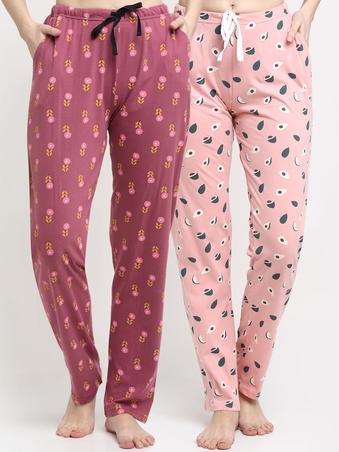 

Kanvin Women Pack Of 2 Pink & Dark Pink Printed Pure Cotton Lounge Pants