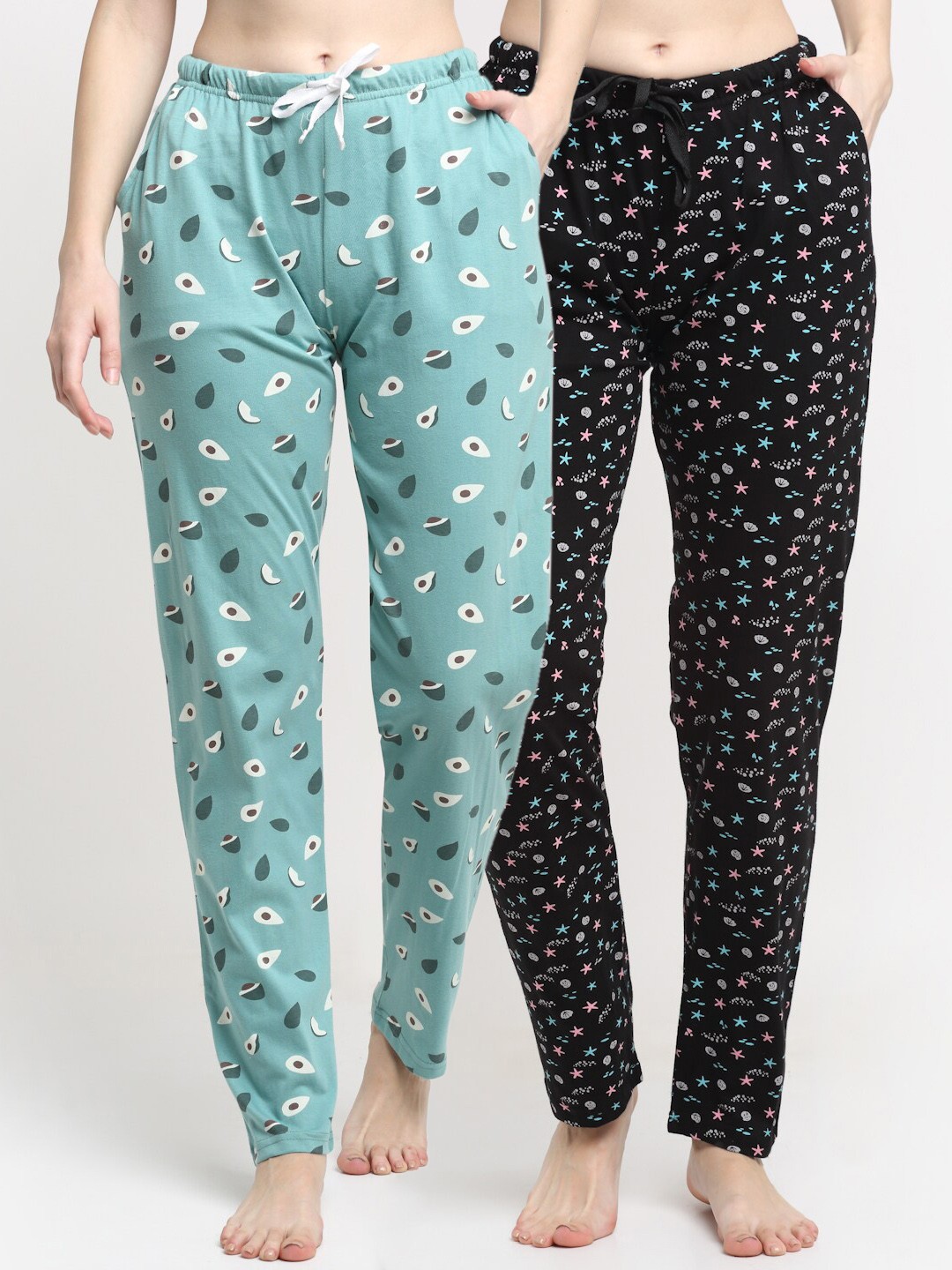 

Kanvin Women Pack Of 2 Printed Pure Cotton Lounge Pants, Green
