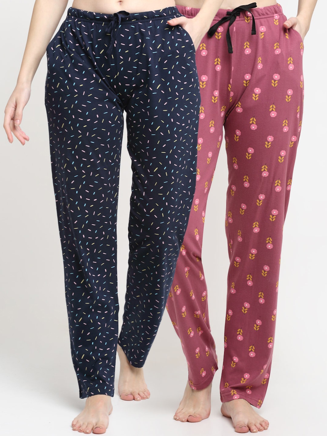 

Kanvin Women Pack of 2 Navy Blue & Pink Printed Cotton Lounge Pants