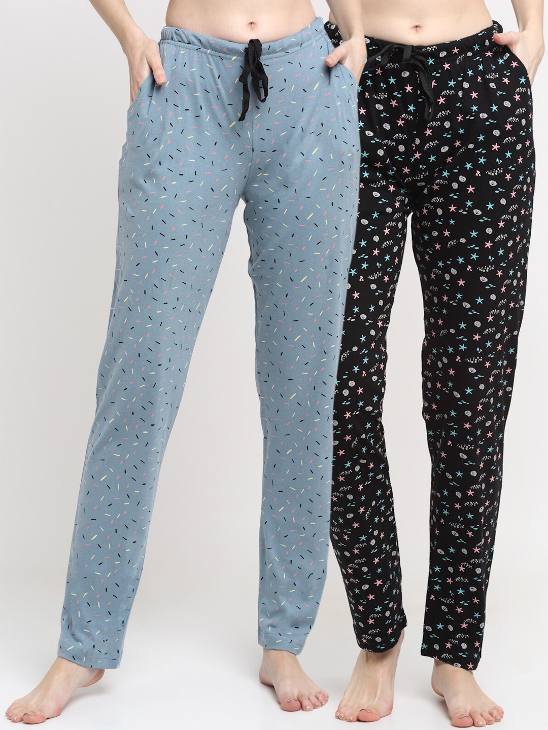 

Kanvin Women Pack Of 2 Printed Pure Cotton Lounge Pants, Blue