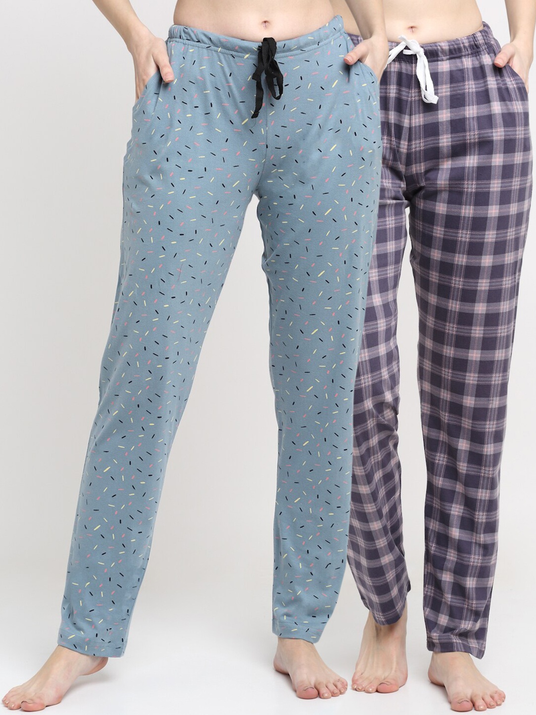 

Kanvin Women Pack Of 2 Printed Pure Cotton Lounge Pants, Blue