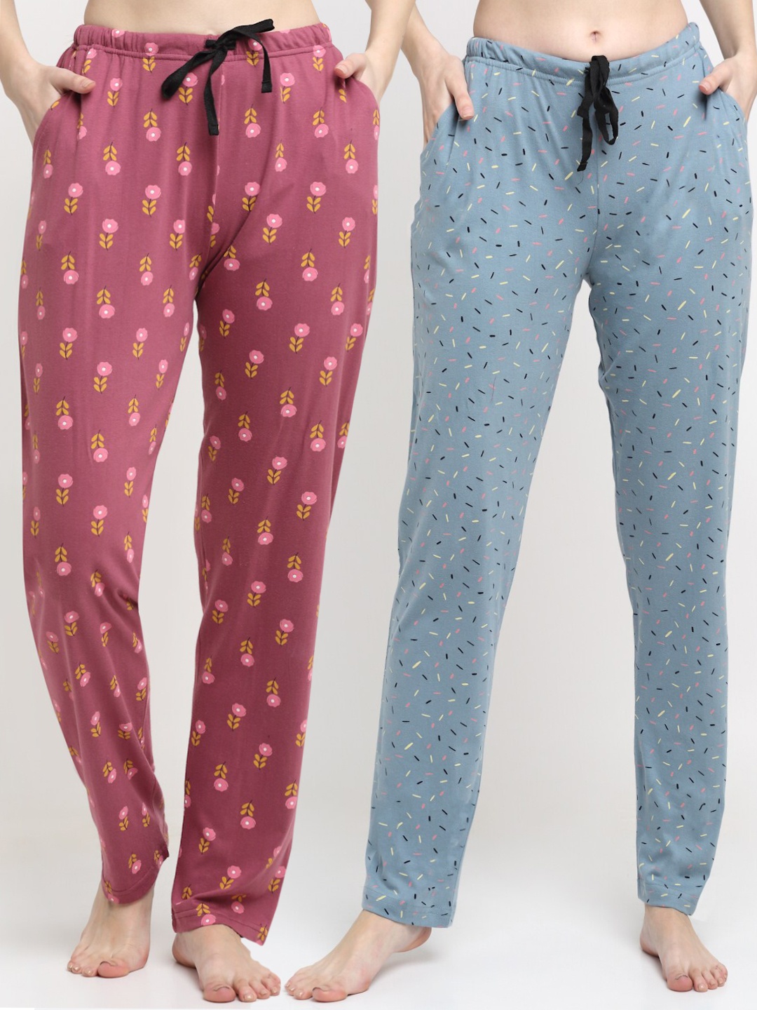 

Kanvin Women Pack Of 2 Printed Pure Cotton Lounge Pants, Blue