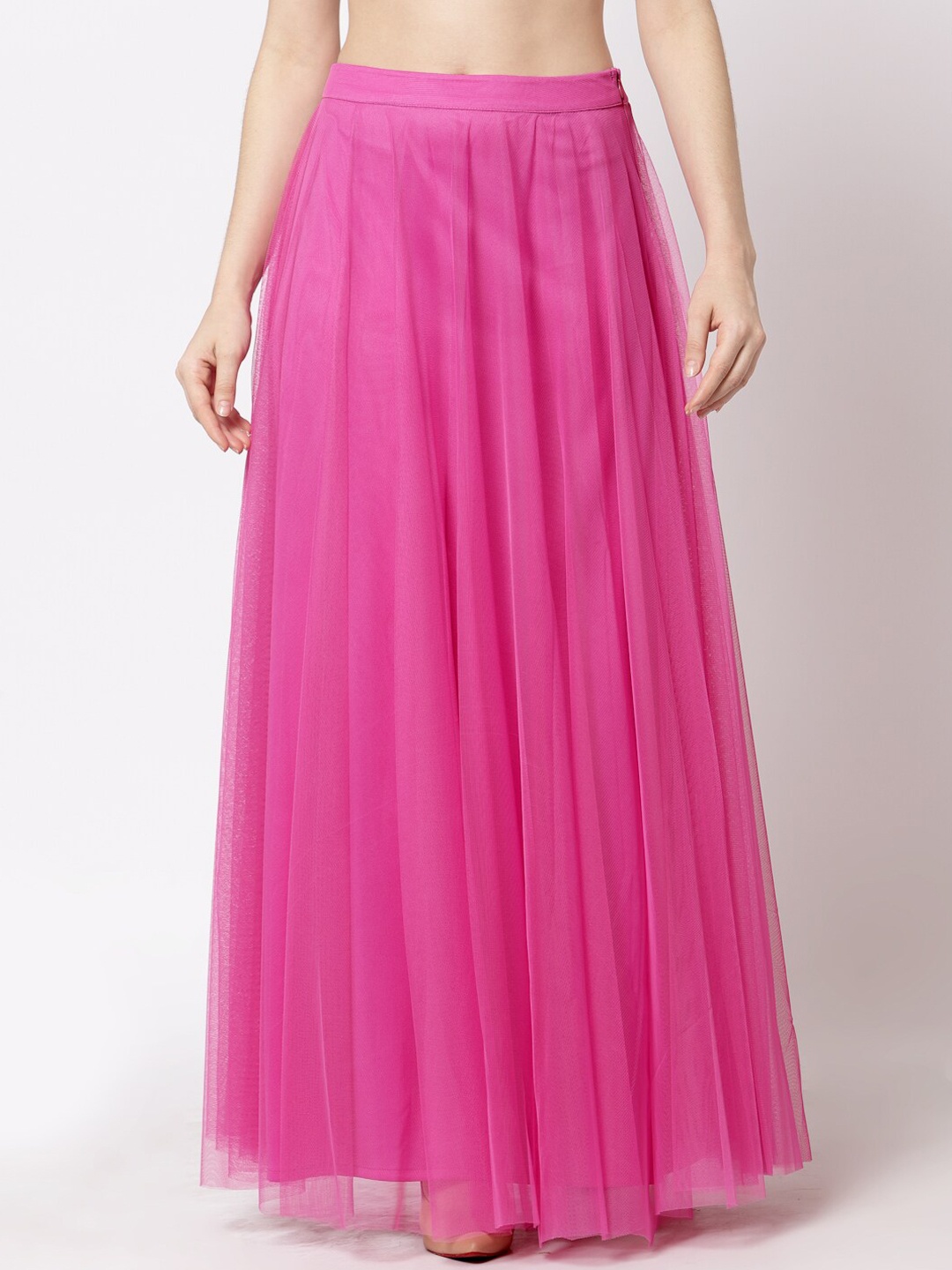 

Just Wow Women Pink Solid Net Flared Maxi Skirt