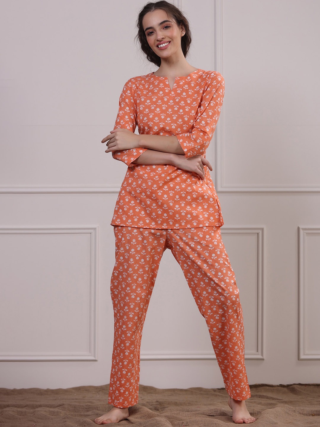 

JISORA Women Orange & White Printed Night suit