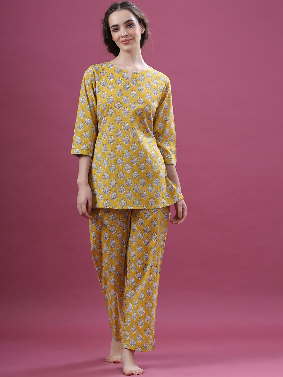 

JISORA Women Mustard Printed Night suit 100% Pure Cotton