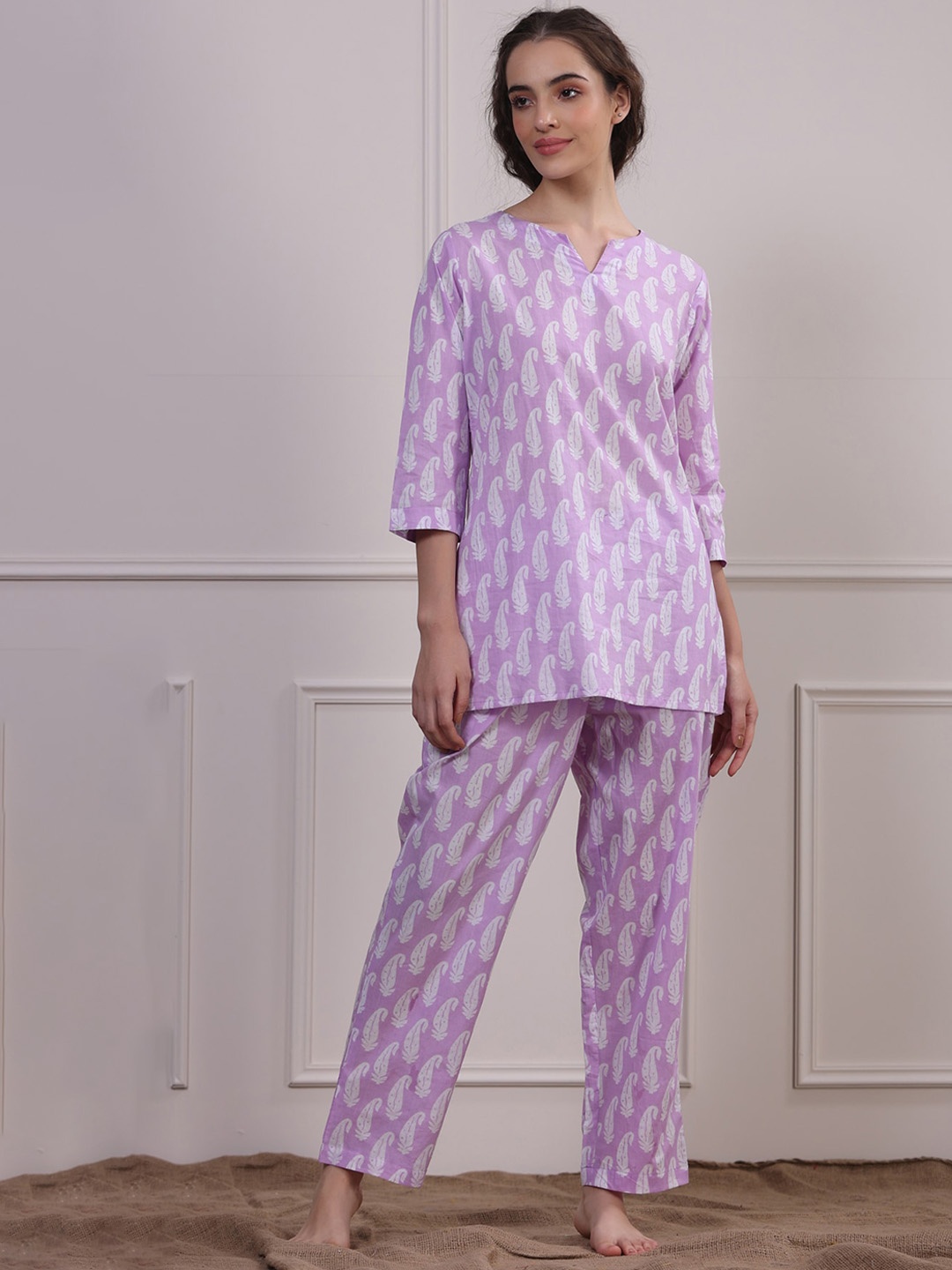 

JISORA Women Lavender Printed Night suit 100% Pure Cotton
