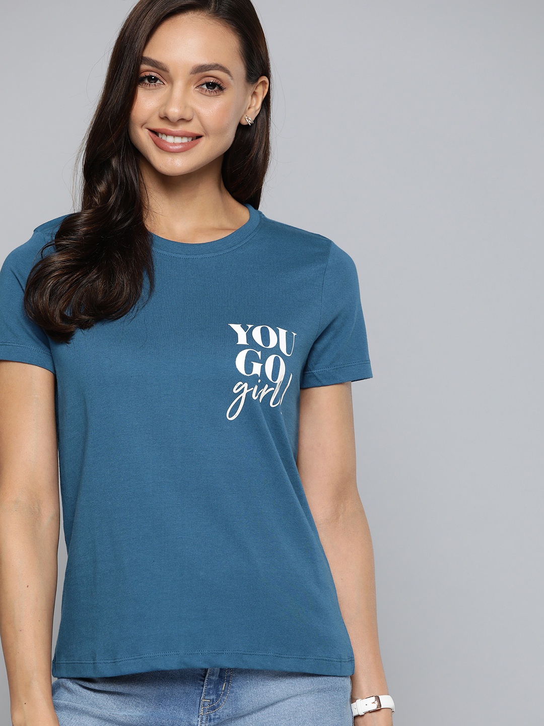 

Mast & Harbour Women Teal Blue Printed Detail Pure Cotton T-shirt