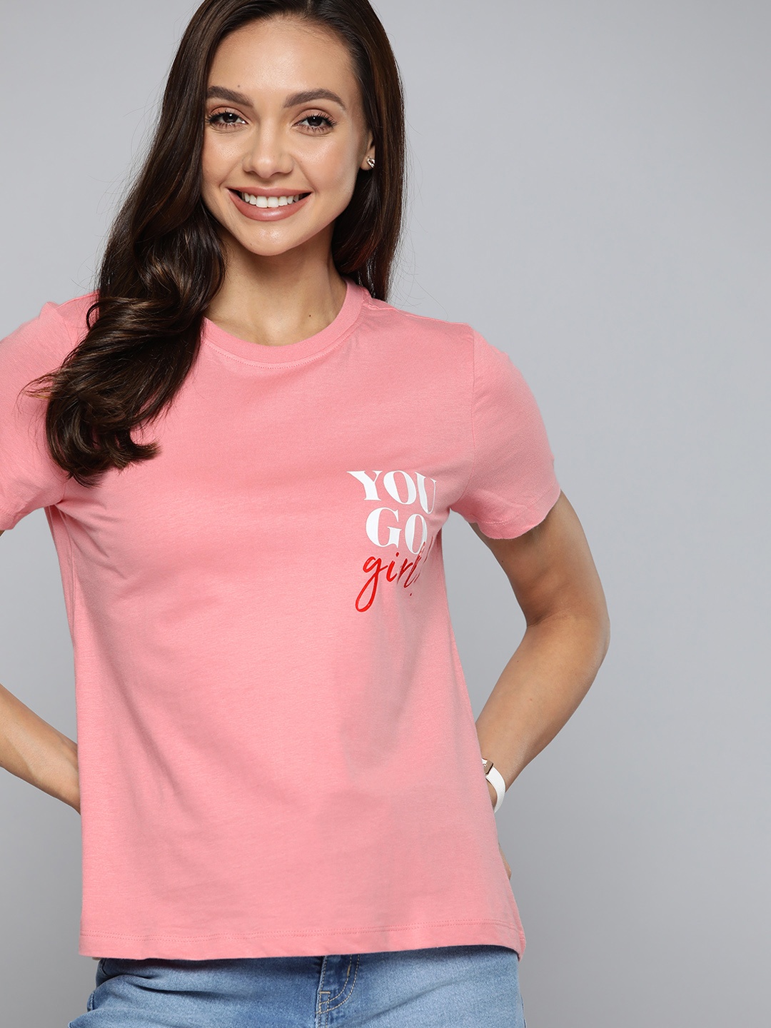 

Mast & Harbour Women Pink Printed Detail Pure Cotton T-shirt