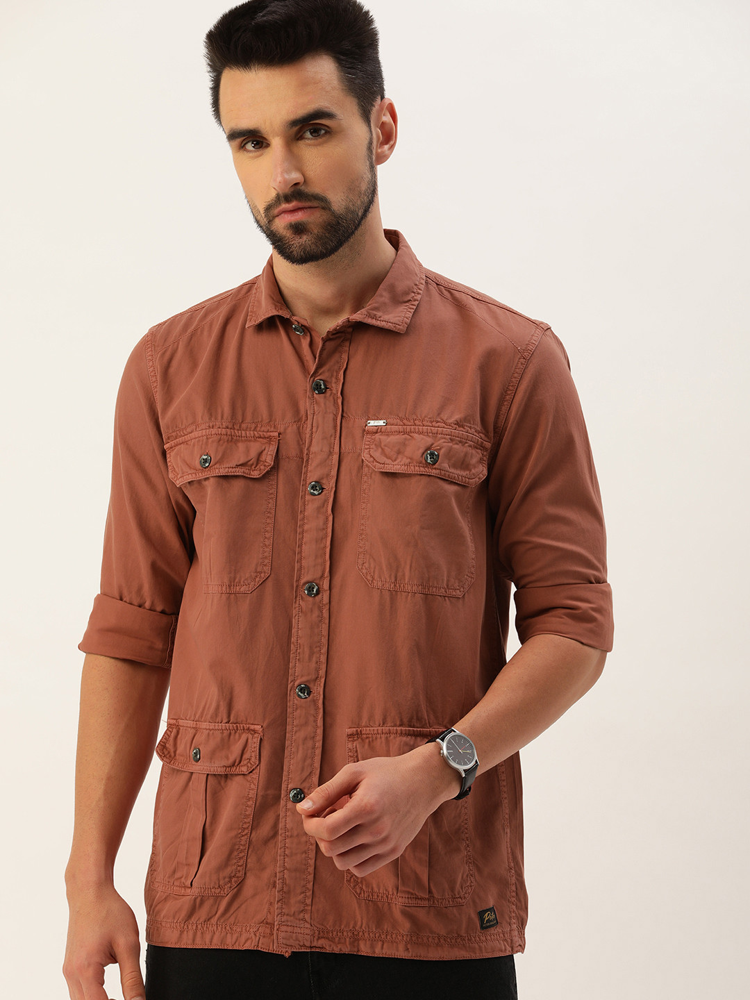 

Peter England Casuals Men Rust Red Solid Pure Cotton Slim Fit Casual Shirt