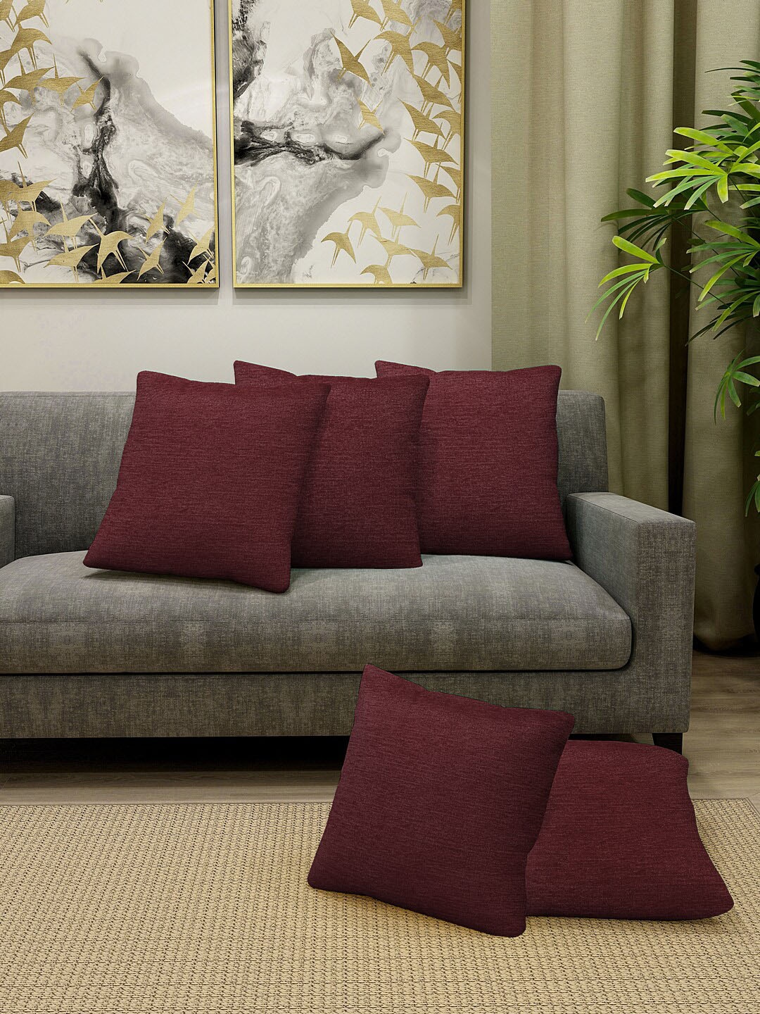 

KLOTTHE Set of 5 Unisex Maroon Solid Cotton Cushions With Fillers