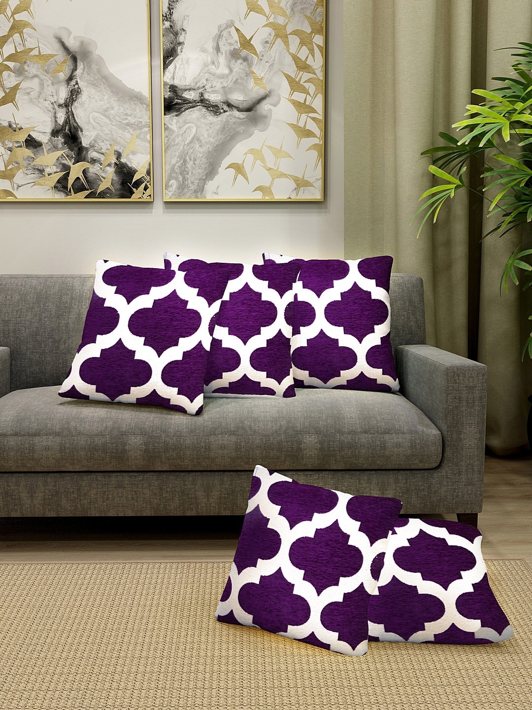 

KLOTTHE Set Of 5 Violet Printed Microfibre Filled Cushions & Covers