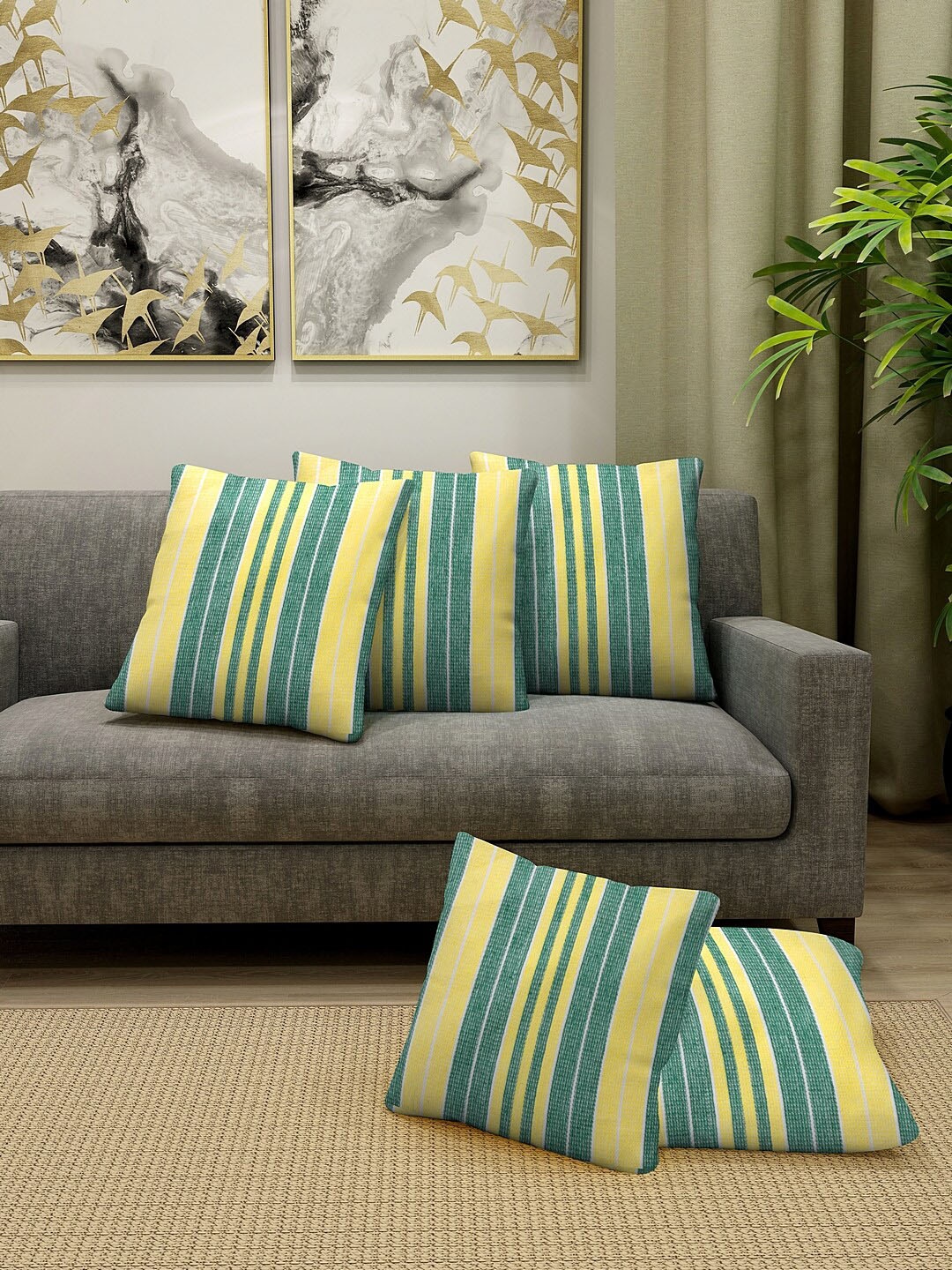 

KLOTTHE Set Of 5 Green Striped Square Floor Cushions