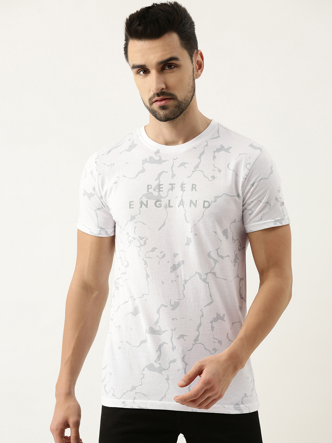 

Peter England Casuals Men White & Grey Abstract Print Brand Logo Applique T-shirt