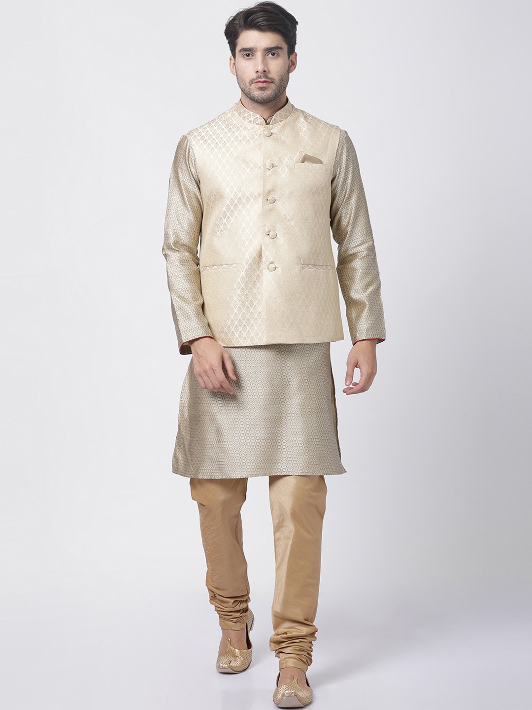 

VASTRAMAY Men Beige Layered Kurta with Pyjamas
